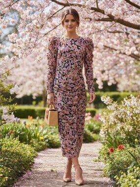 Zara Floral Ruched Midi Dress Puff Sleeve Blogger Favorite Black Pink Size Small